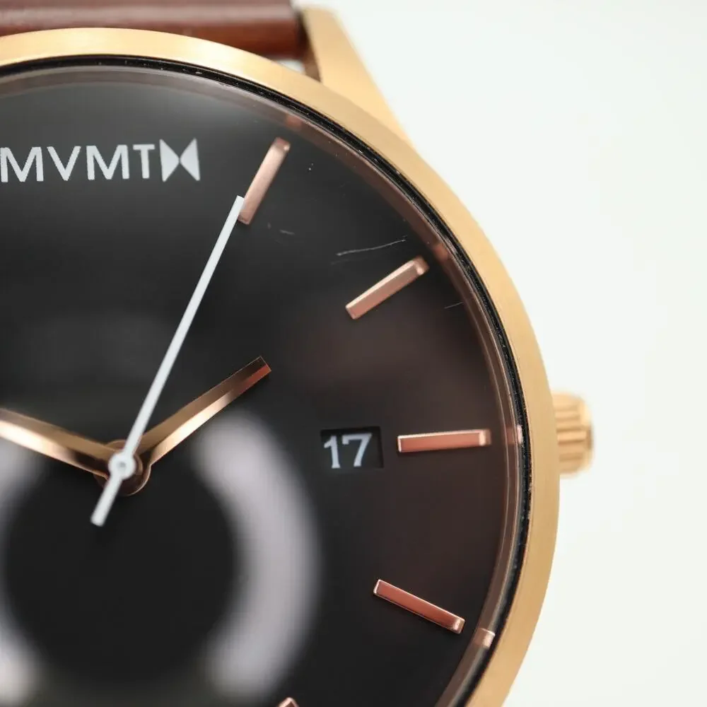 MVMT Mens Classic 45mm Black Date Watch Brown Leather Strap w New Battery